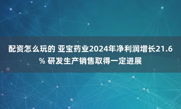 配资怎么玩的 亚宝药业2024年净利润增长21.6% 研发生产销售取得一定进展